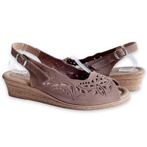 Spring Step Orella Wedge Sandals 41 Italian Leather Laser Cut Floral Tan Taupe